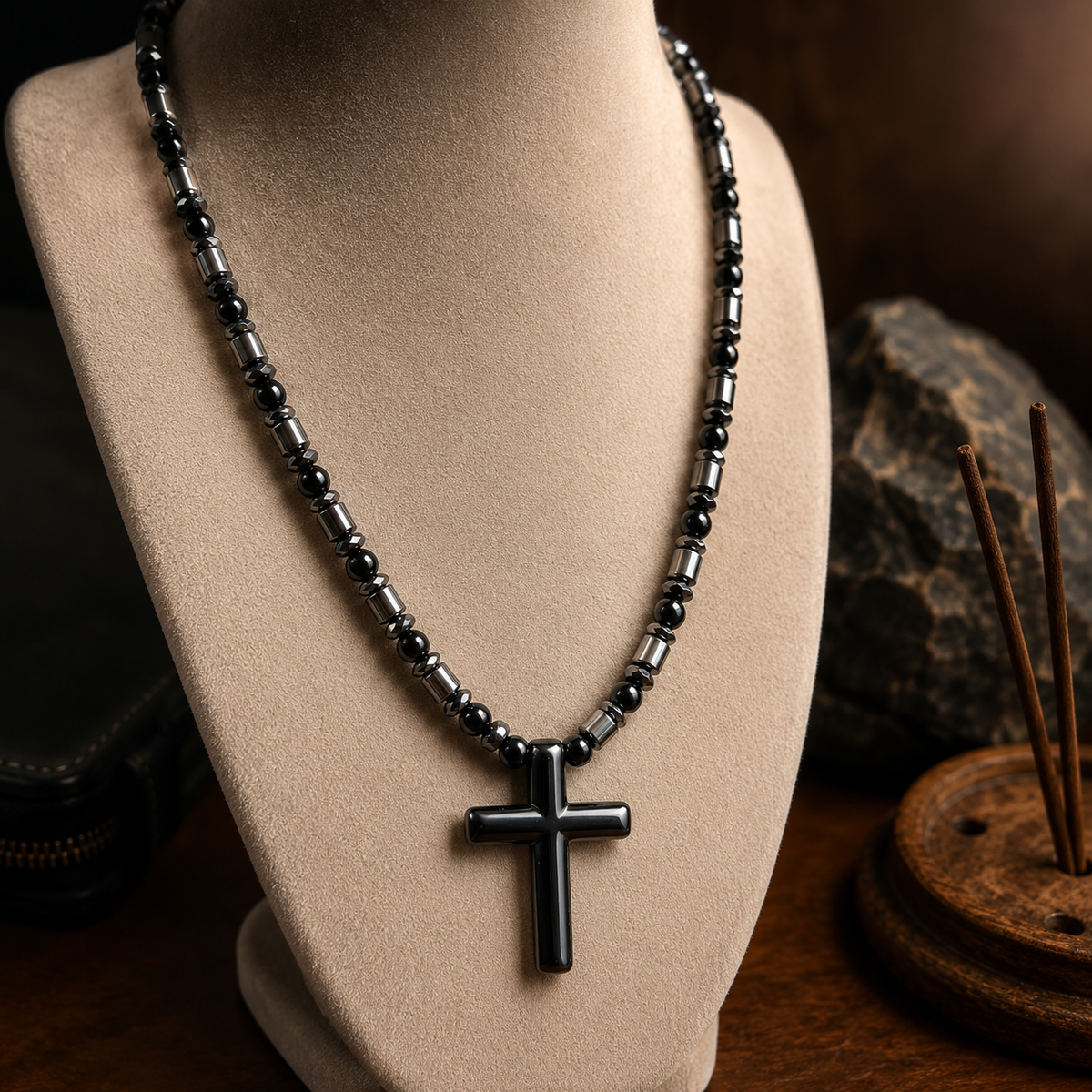 Black Onyx & Hematite Cross Necklace – 21 Inch Handmade Men’s Necklace – 6mm Natural Gemstone Beads – Christian Cross Pendant – Custom Sizes Available