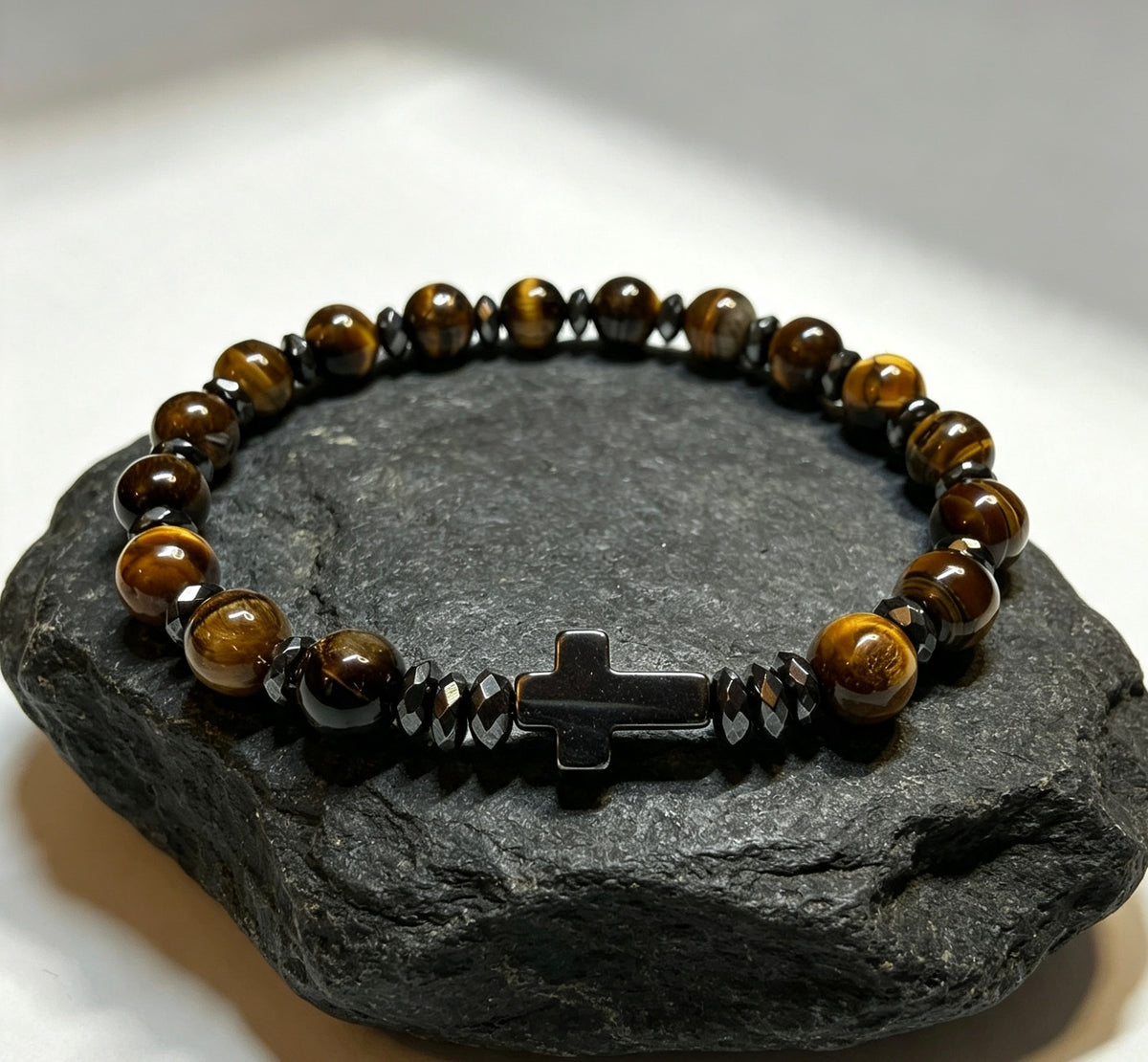 Natural Tiger Eye & Hematite Cross Bracelet – Handmade Luxury Stone Bracelet | Custom Size