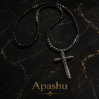 Men’s Black Onyx & Hematite Cross Necklace – 6mm Beads – Stainless Steel Cross – Custom Length