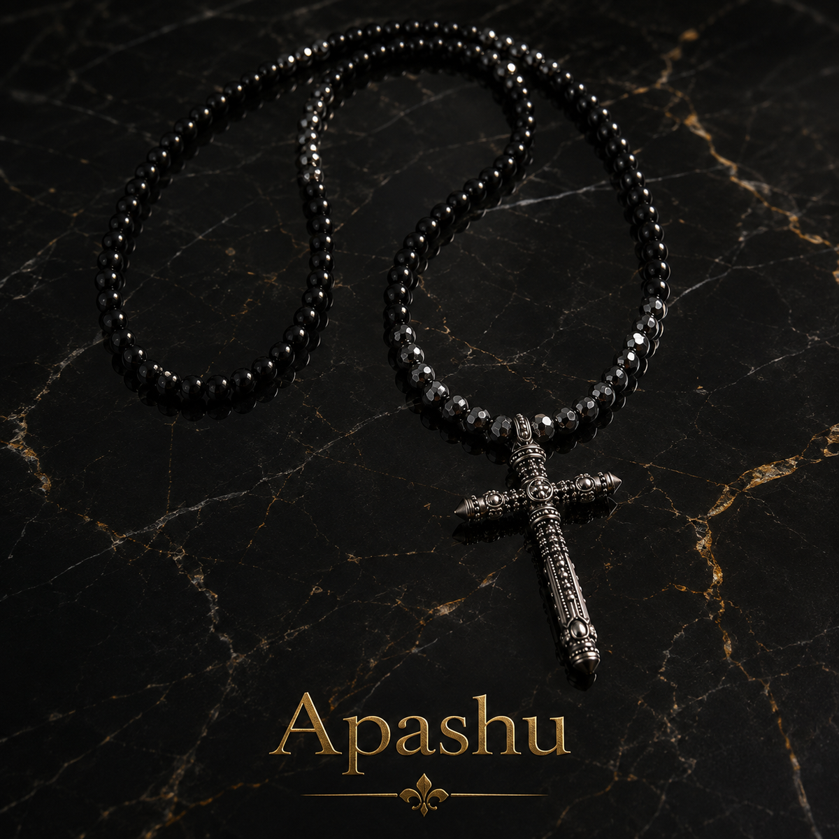 Men’s Black Onyx & Hematite Cross Necklace – 6mm Beads – Stainless Steel Cross – Custom Length