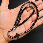 Men’s Black Onyx & Tiger Eye Cross Necklace – 22 Inch – 6mm Natural Stone Beads