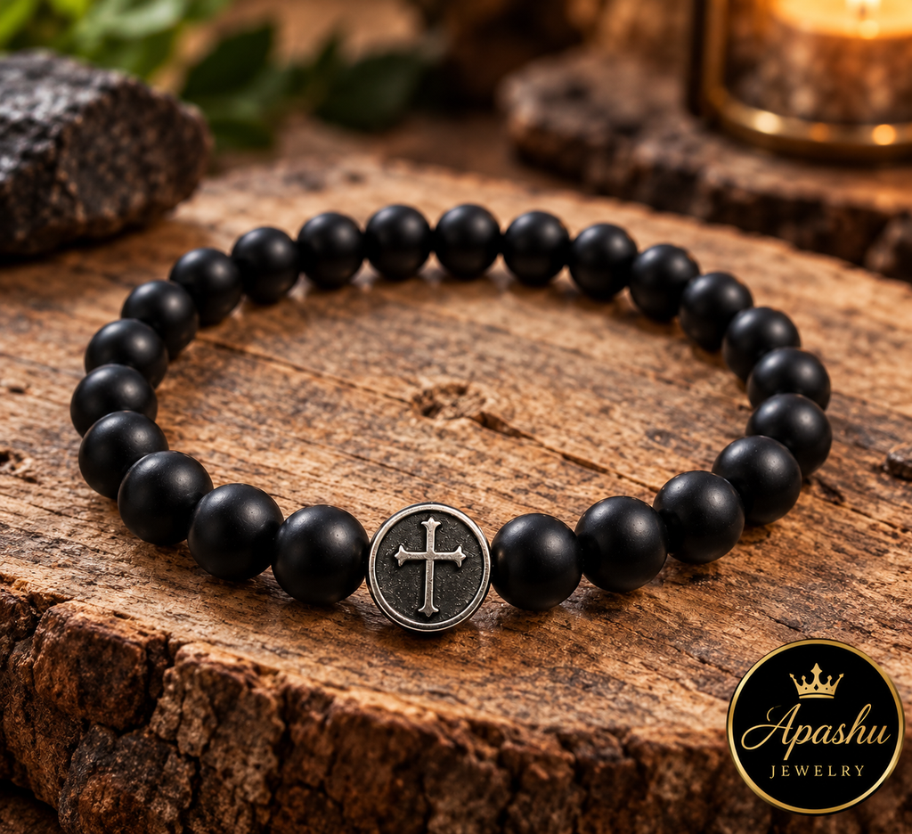 Men’s Matte Black Onyx Cross Bracelet – 8mm Natural Stone Beads