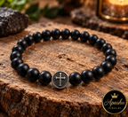 Men’s Matte Black Onyx Cross Bracelet – 8mm Natural Stone Beads