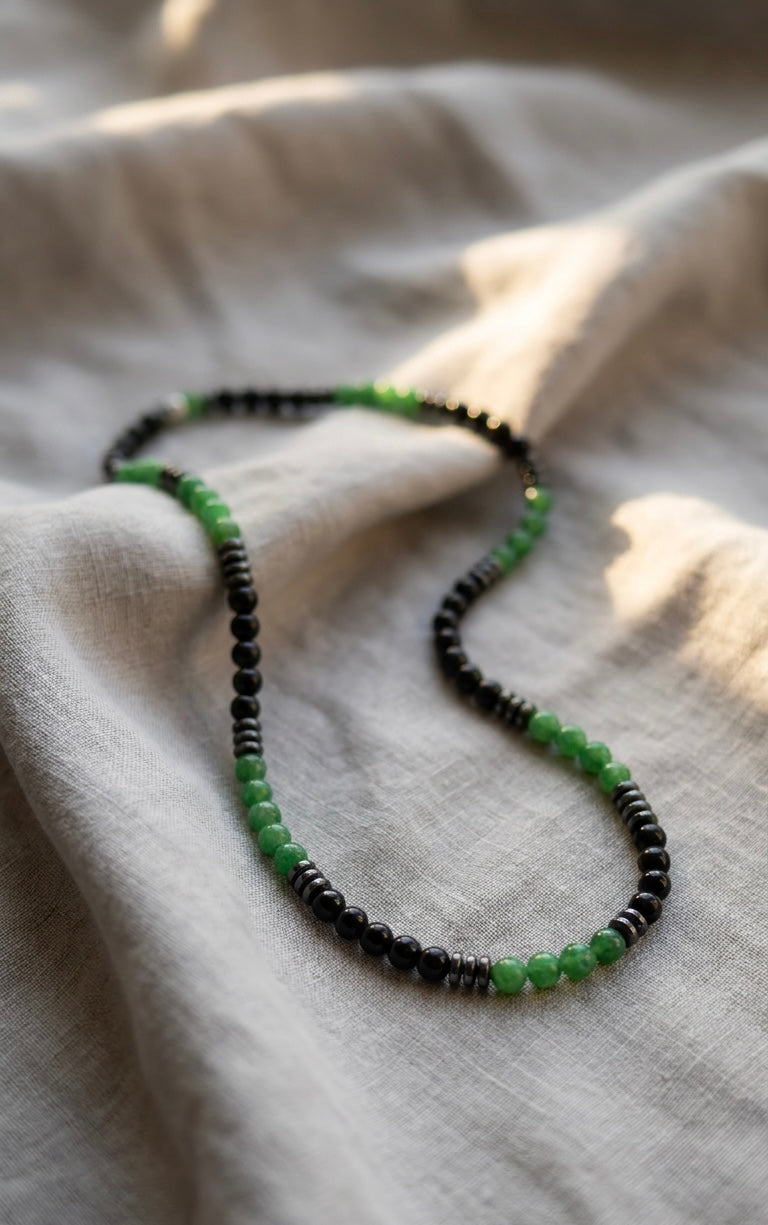 Handmade Black Onyx & Green Jade Style Beaded Necklace – 26 Inch / Slip-On Men’s Necklace