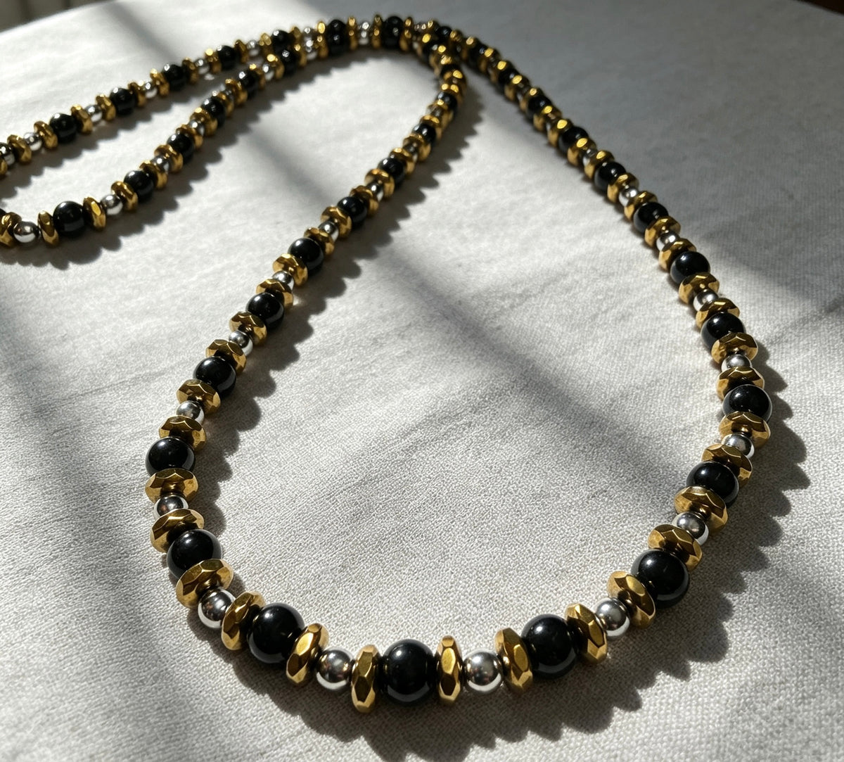 Men’s Black Onyx & Hematite Necklace – 6mm & 4mm Beads – 26 Inch Slip-On – Custom Length