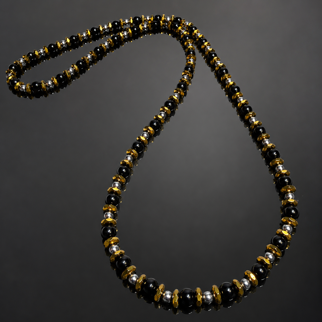 Men’s Black Onyx & Hematite Necklace – 6mm & 4mm Beads – 26 Inch Slip-On – Custom Length
