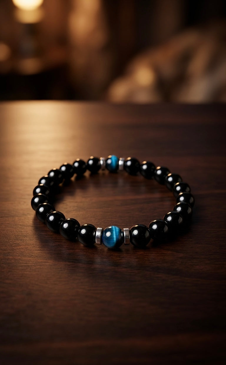 Black Onyx & Blue Tiger Eye Bracelet – 19 cm