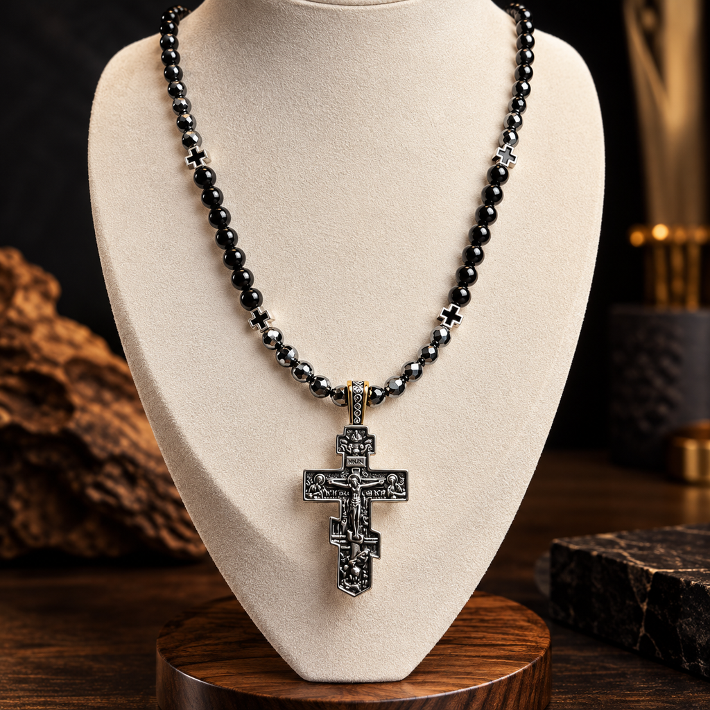 Men's Orthodox Cross Necklace – Natural Black Onyx & Hematite | Stainless Steel Crucifix | 26 Inch