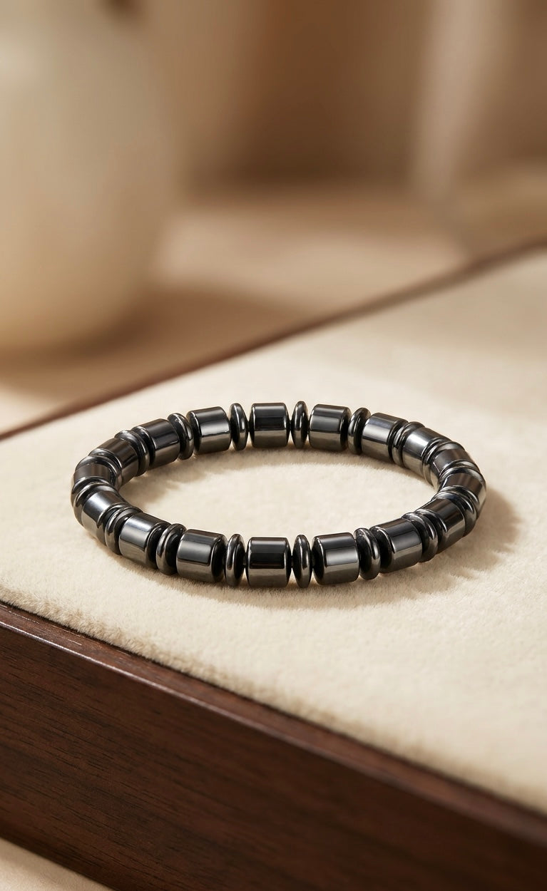 Luxury Black Hematite Barrel Bead Bracelet – Handmade Unisex Design