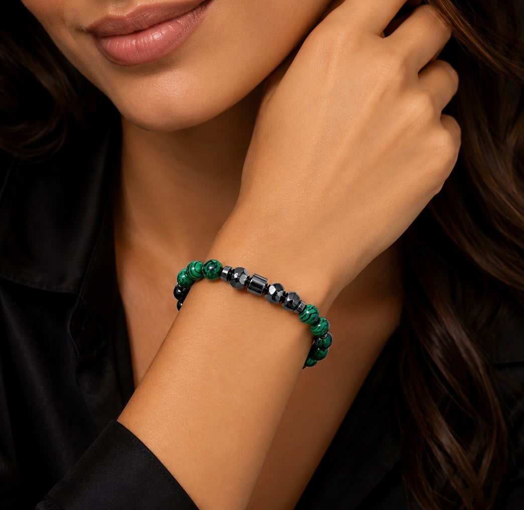 Women’s 8mm Green Malachite, Black Onyx & Hematite Bracelet – 17cm – Handmade – Any Size Available