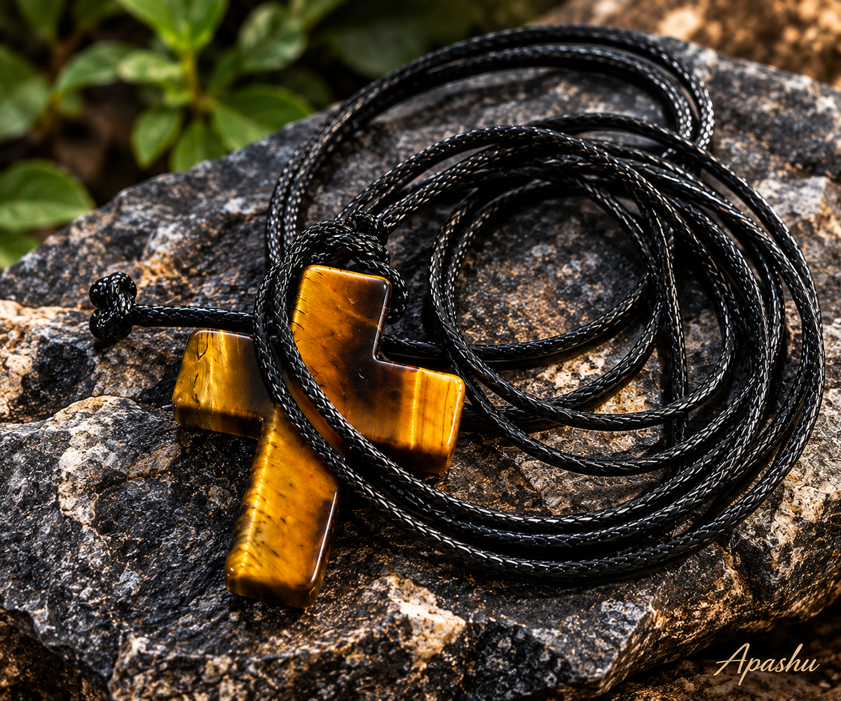Natural Tiger Eye Cross Necklace for Men – 70cm Black Braided Cord, Christian Stone Pendant