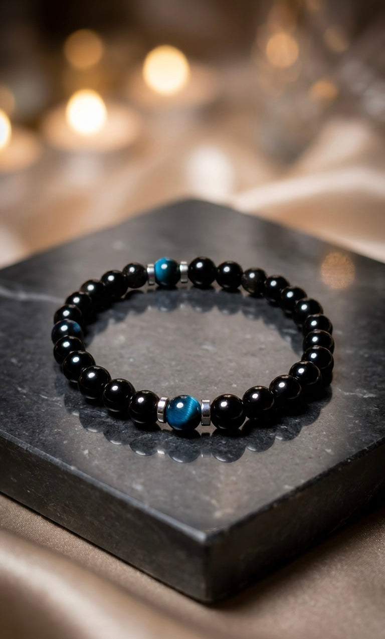 Black Onyx & Blue Tiger Eye Bracelet – 19 cm