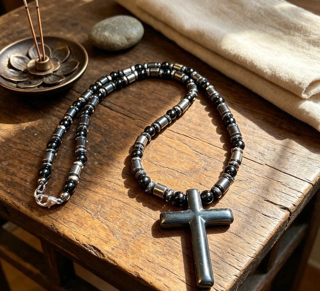 Black Onyx & Hematite Cross Necklace – 21 Inch Handmade Men’s Necklace – 6mm Natural Gemstone Beads – Christian Cross Pendant – Custom Sizes Available
