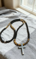 Black Onyx & Tiger Eye Cross Necklace for Men | Slip On Beaded Necklace | Natural Stone Christian Necklace | Masculine Jewelry