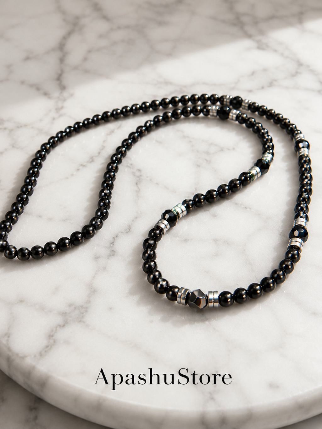 26 Inch Black Onyx Necklace for Men with Hematite Spacers – Handmade Luxury Natural Stone Beaded Necklace