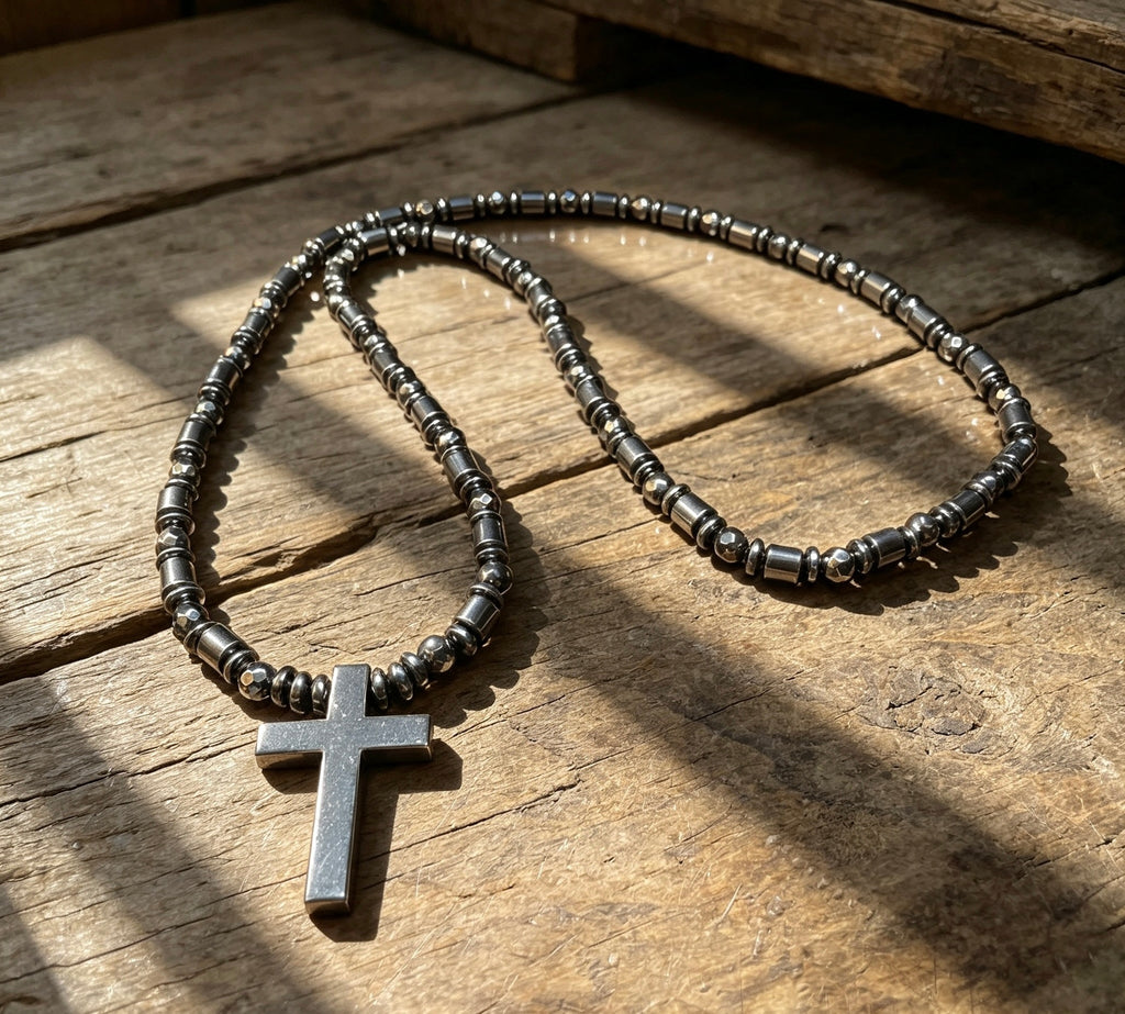 Black Hematite Cross Necklace – 26” Slip-On | 6 mm Natural Hematite Beads