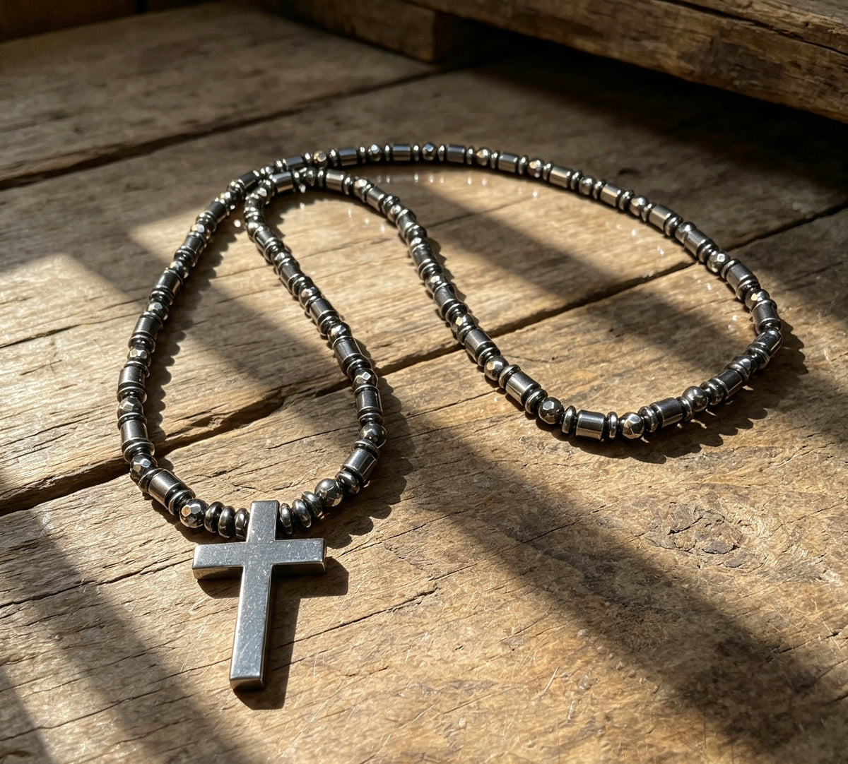 Black Hematite Cross Necklace – 26” Slip-On | 6 mm Natural Hematite Beads