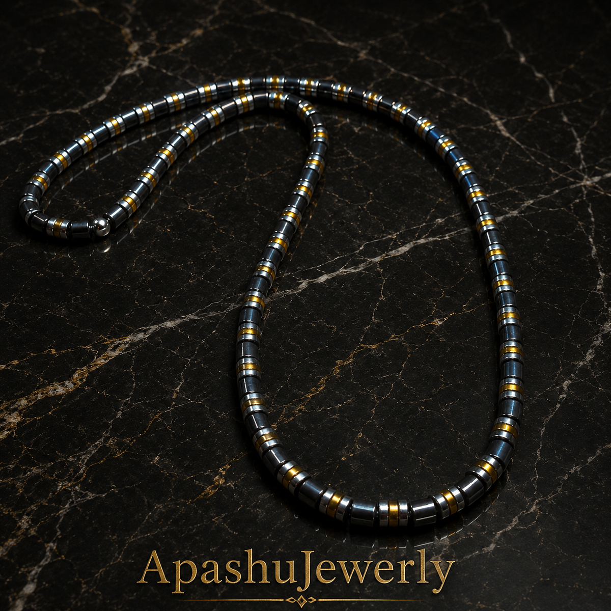 Luxury Black & Gold Hematite Beaded Necklace – 26 Inches (66 cm) – 6 mm Beads – Slip-On – Handmade – Any Size Available