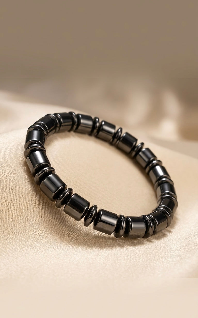 Luxury Black Hematite Barrel Bead Bracelet – Handmade Unisex Design