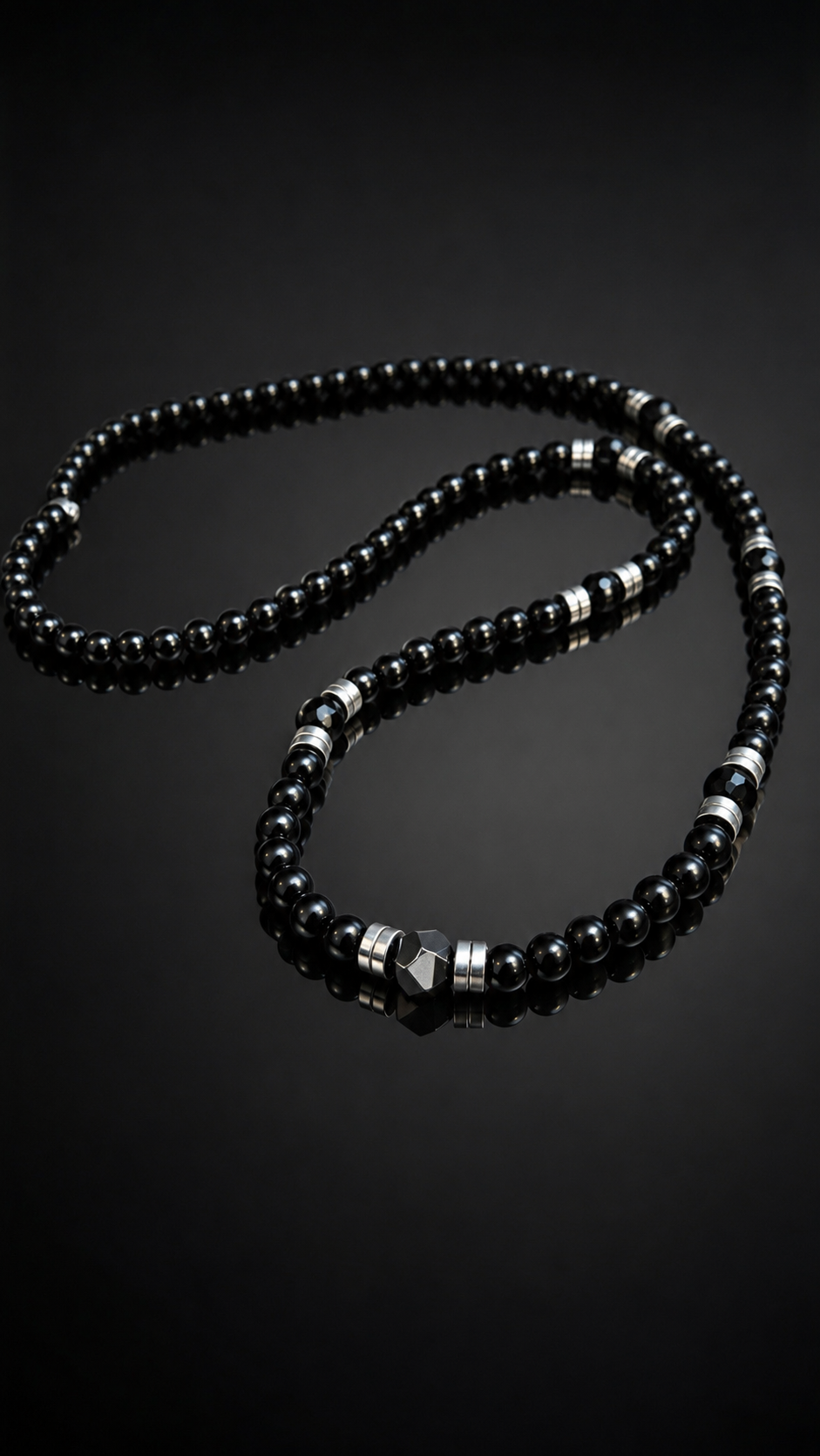 26 Inch Black Onyx Necklace for Men with Hematite Spacers – Handmade Luxury Natural Stone Beaded Necklace