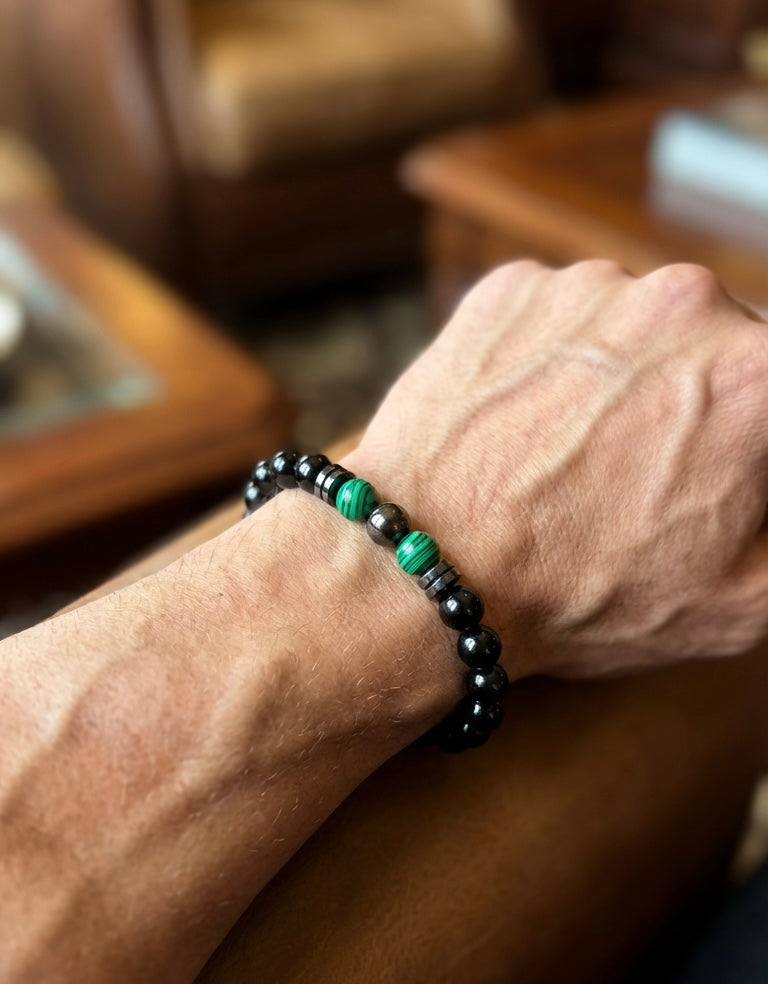 Men’s Black Stone & Green Malachite Bracelet – 19 cm