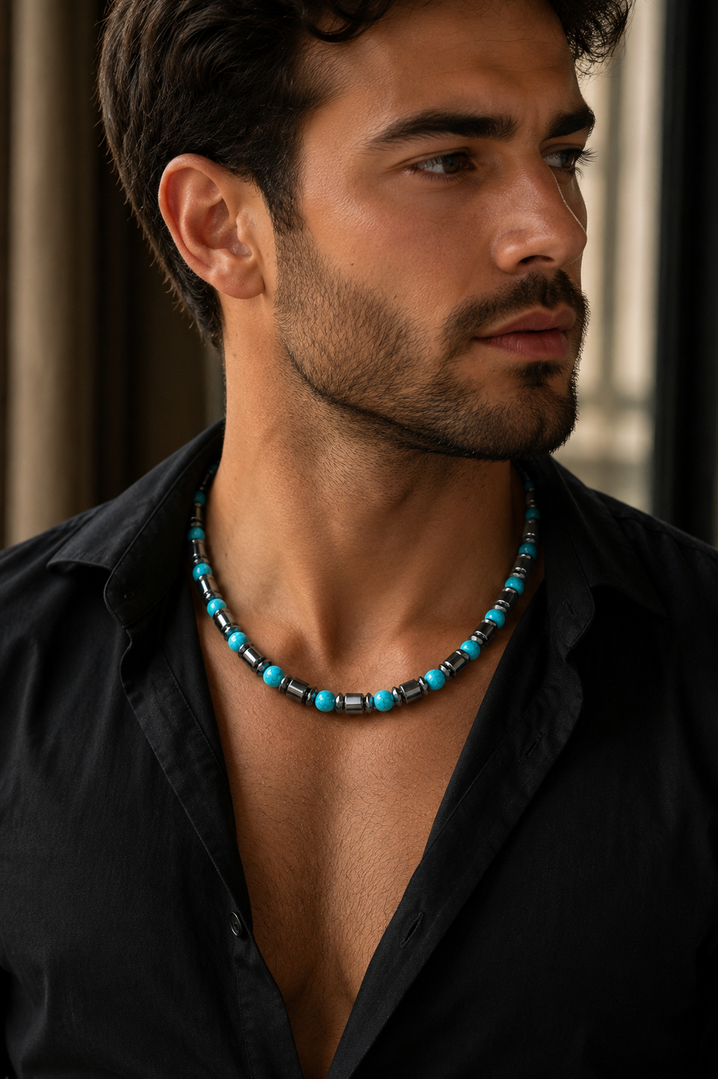 Men’s 6mm Turquoise and Hematite Choker Necklace, Handmade Gemstone Beaded Necklace, Minimalist Jewelry Gift for Him