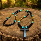 Men’s Tiger Eye, Onyx & Turquoise Cross Necklace | Handmade Natural Stone Beaded Necklace | 26 Inch