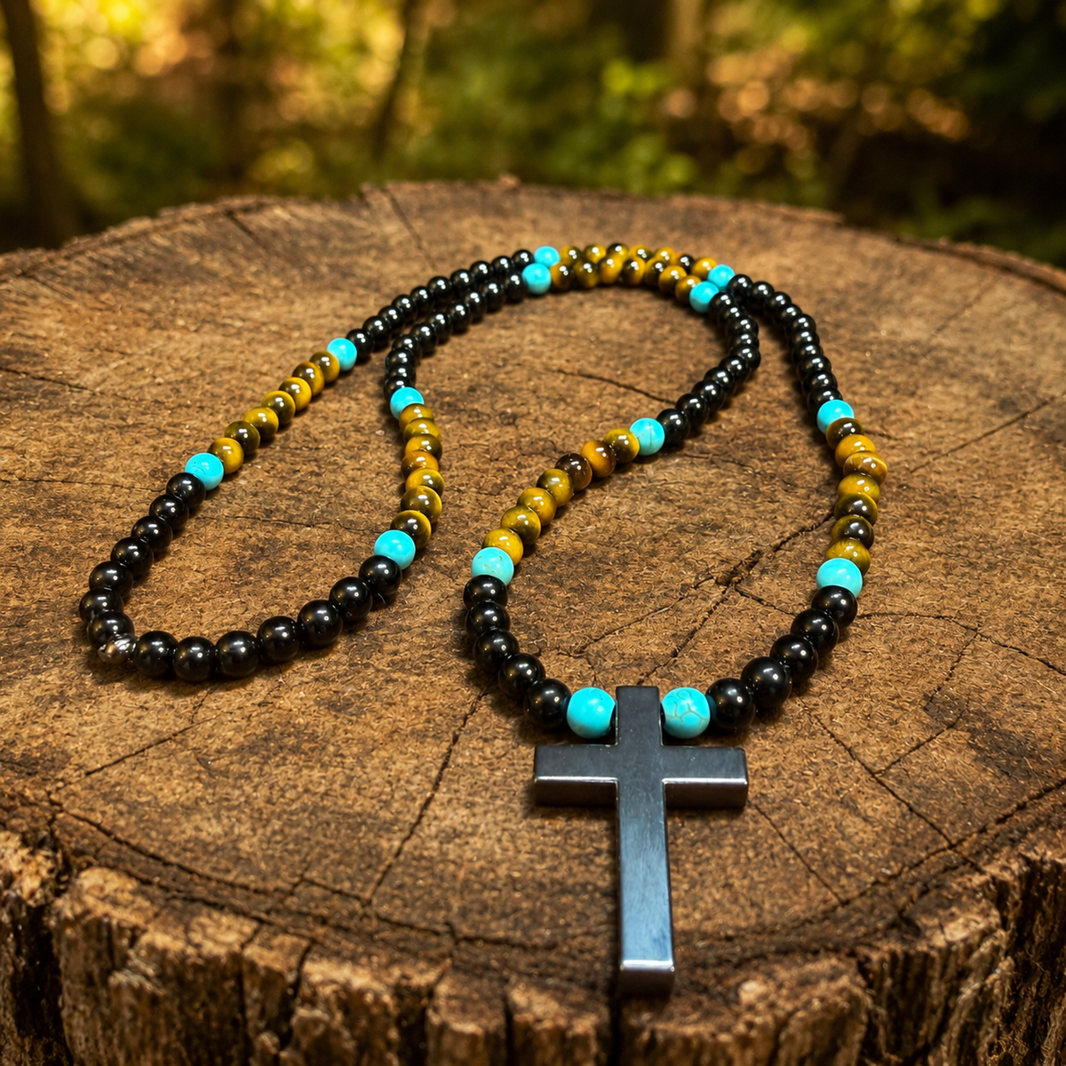 Men’s Tiger Eye, Onyx & Turquoise Cross Necklace | Handmade Natural Stone Beaded Necklace | 26 Inch