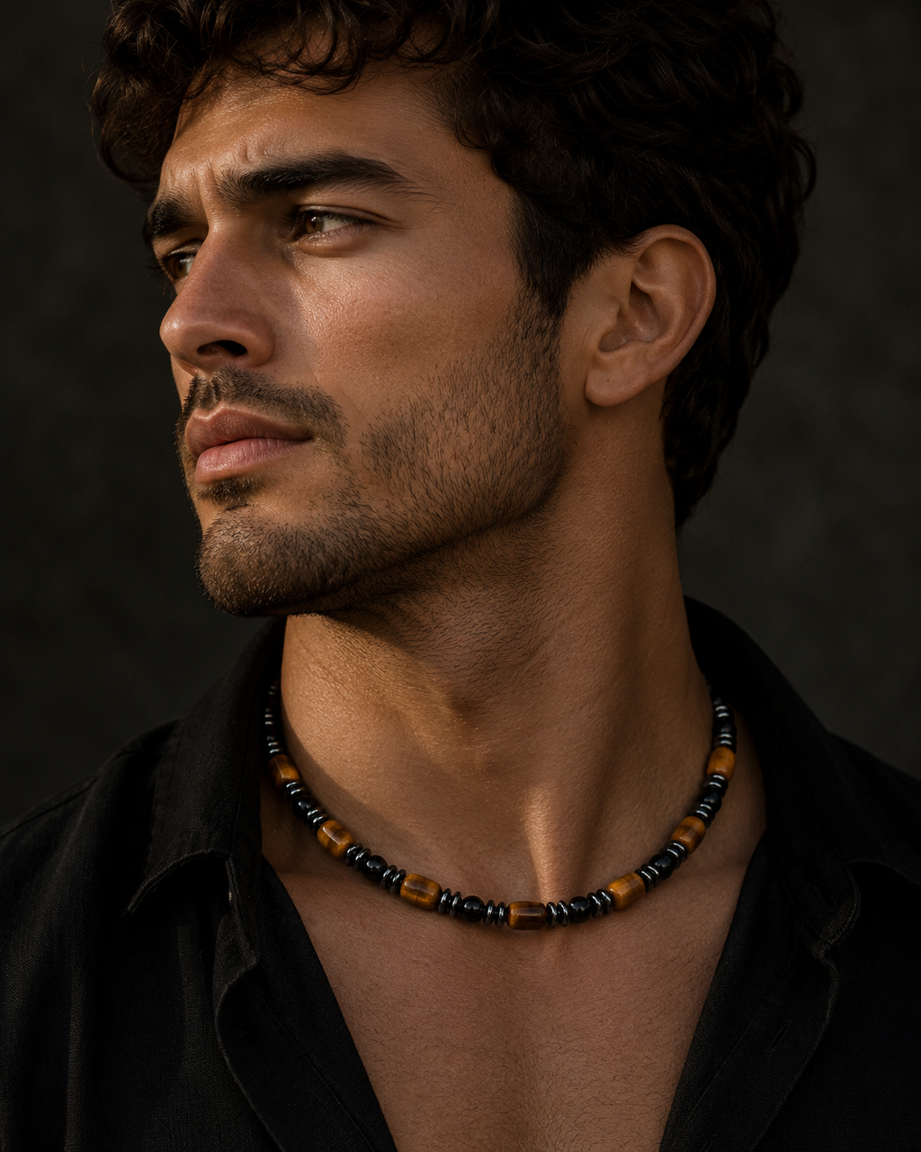 Handmade Tiger Eye Choker Necklace – Masculine Natural Stone Jewelry