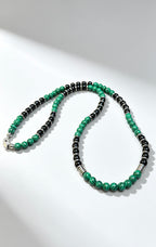 Green Malachite & Black Onyx Beaded Necklace 62 cm • 6 mm Beads • Silver Clasp • Any Size