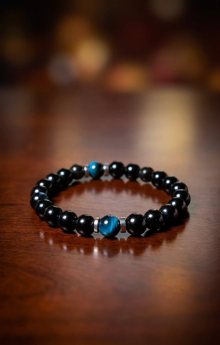 Black Onyx & Blue Tiger Eye Bracelet – 19 cm