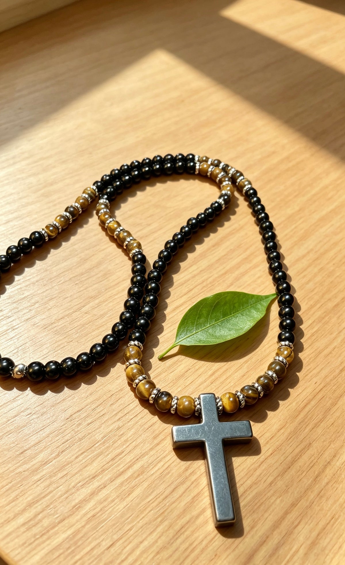 Black Onyx & Tiger Eye Cross Necklace for Men | Slip On Beaded Necklace | Natural Stone Christian Necklace | Masculine Jewelry