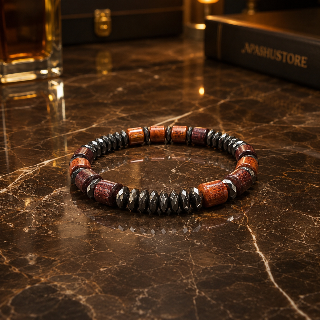 Handmade Wooden & Hematite Bracelet | 8 mm Beads | 19 cm Stretch Bracelet | Custom Size Available | Men’s & Women’s Bracelet