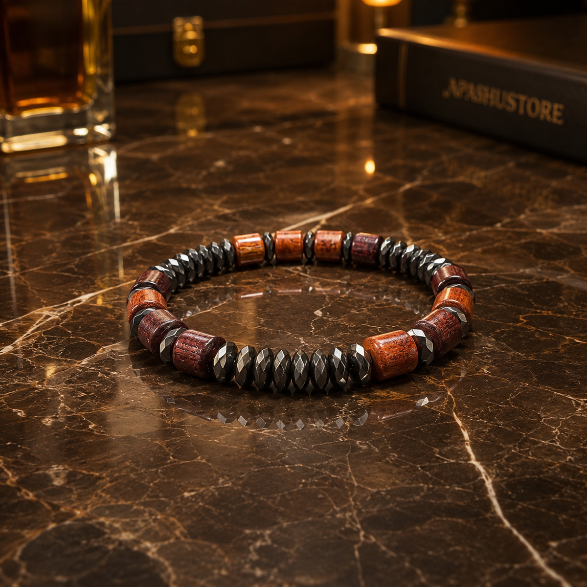 Handmade Wooden & Hematite Bracelet | 8 mm Beads | 19 cm Stretch Bracelet | Custom Size Available | Men’s & Women’s Bracelet