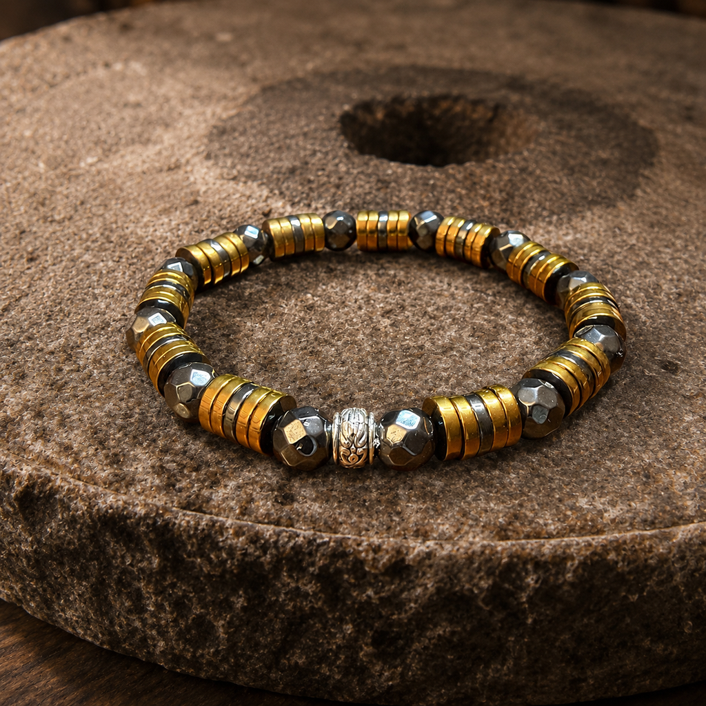 Luxury Men’s Faceted Hematite Bracelet with Gold-Tone Spacers – 8mm Beads, 19cm, Handmade in Any Size