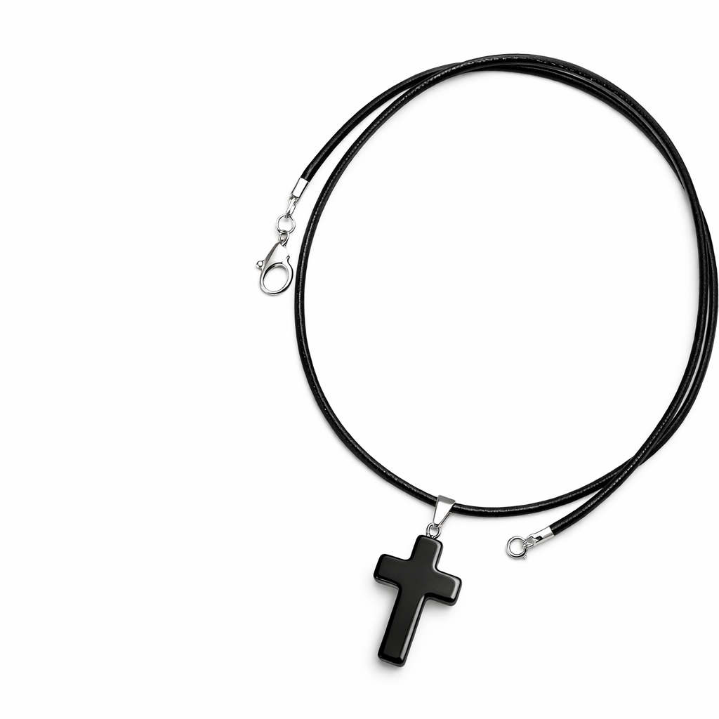 Black Onyx Cross Leather Necklace