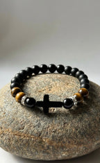 Black Onyx & Tiger Eye Cross Bracelet – Any Size – 19 cm Default – Men Women Gift