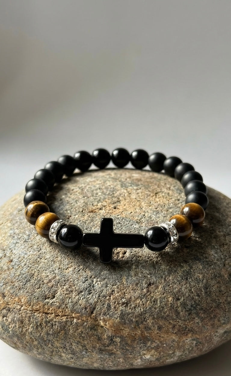 Black Onyx & Tiger Eye Cross Bracelet – Any Size – 19 cm Default – Men Women Gift