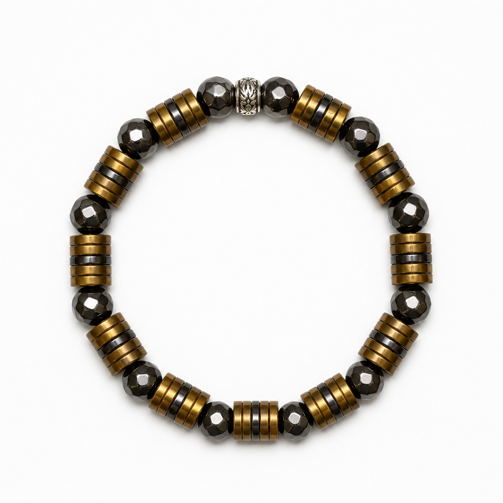 Luxury Men’s Faceted Hematite Bracelet with Gold-Tone Spacers – 8mm Beads, 19cm, Handmade in Any Size