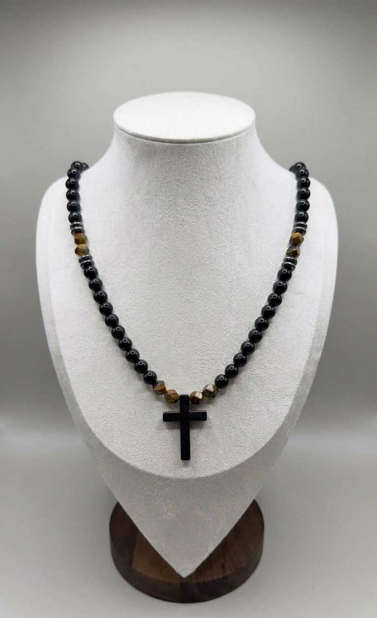 8mm Black Onyx Cross Necklace Men’s Beaded Tiger Eye Clasp Chain Gift