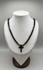 8mm Black Onyx Cross Necklace Men’s Beaded Tiger Eye Clasp Chain Gift