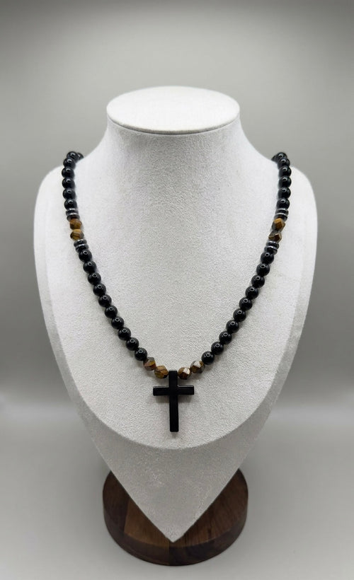 8mm Black Onyx Cross Necklace Men’s Beaded Tiger Eye Clasp Chain Gift