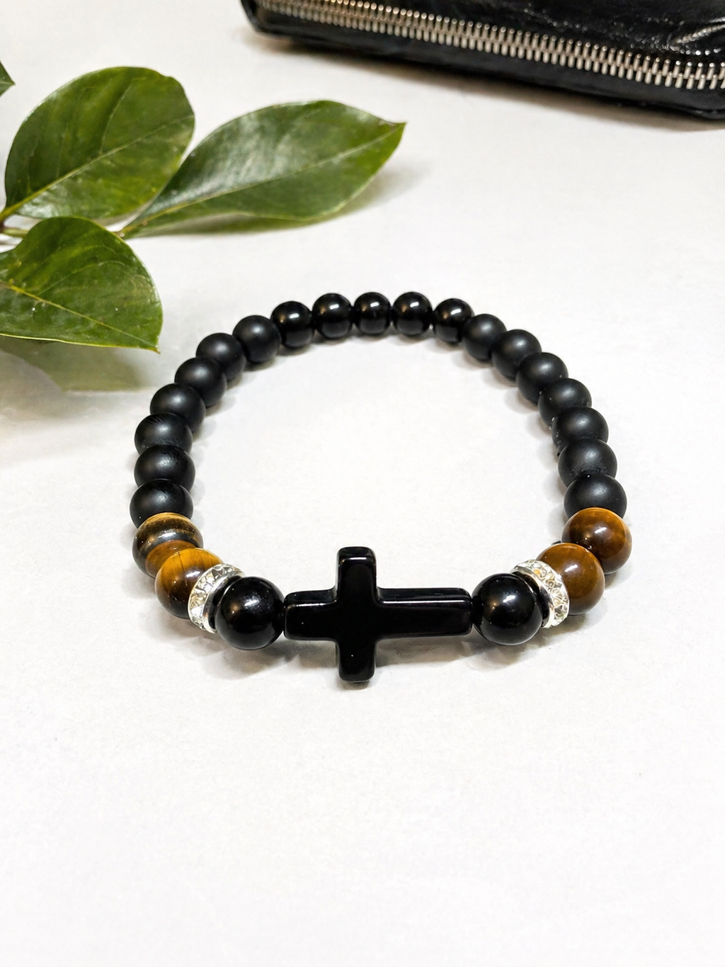 Black Onyx & Tiger Eye Cross Bracelet – Any Size – 19 cm Default – Men Women Gift
