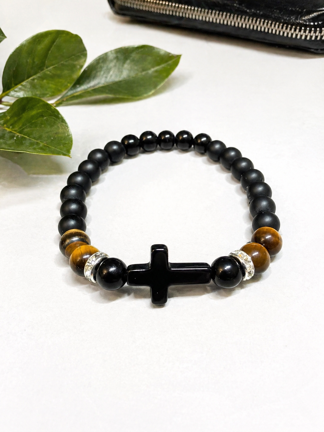 Black Onyx & Tiger Eye Cross Bracelet – Any Size – 19 cm Default – Men Women Gift