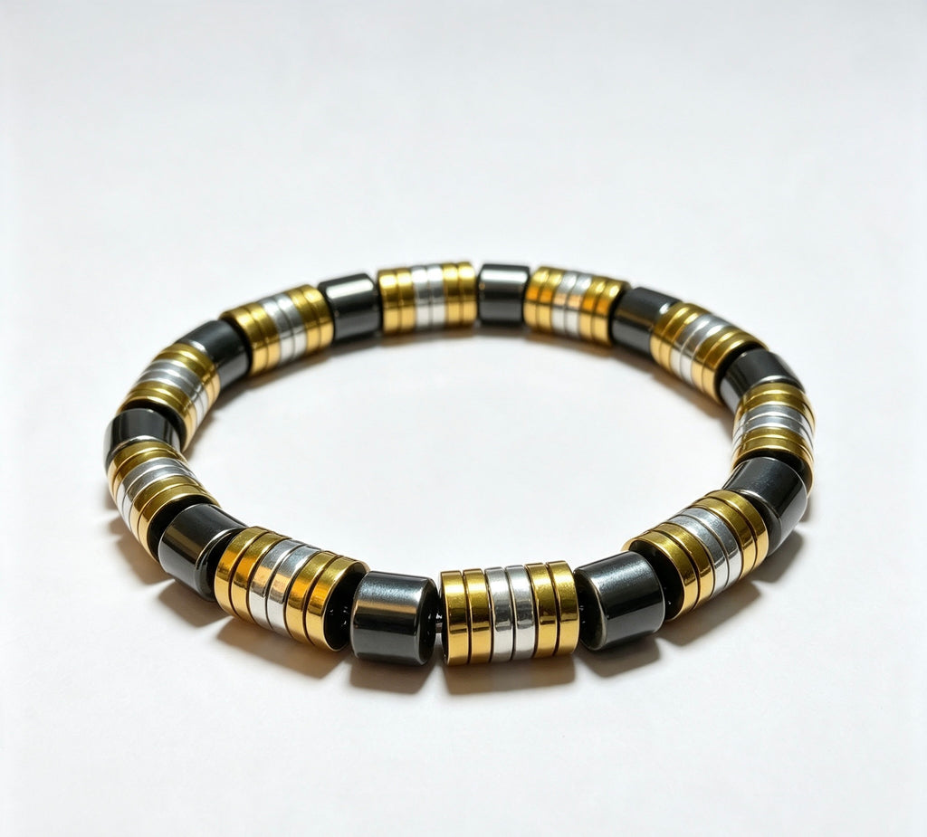 Luxury Black, Gold & Silver Beaded Bracelet – 19 cm – 8 mm Natural Stone Bracelet – Handmade – Any Size Available