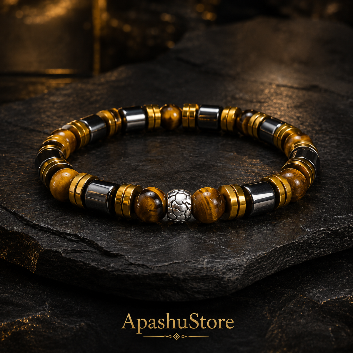 Luxury Tiger Eye & Hematite Bracelet – 19 cm | 8 mm Beads | Handmade | Any Size Available