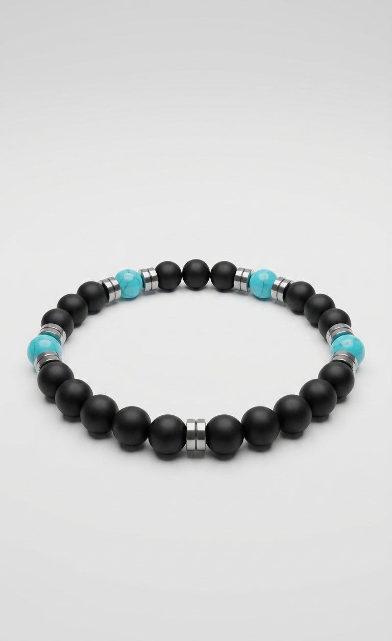 Black Onyx & Turquoise Men’s Bracelet 19cm – Natural Stone Beaded Bracelet – Any Size Available ✨