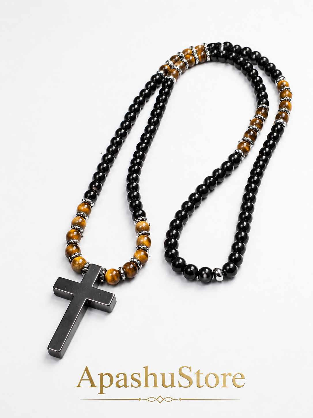 Black Onyx & Tiger Eye Cross Necklace for Men | Slip On Beaded Necklace | Natural Stone Christian Necklace | Masculine Jewelry