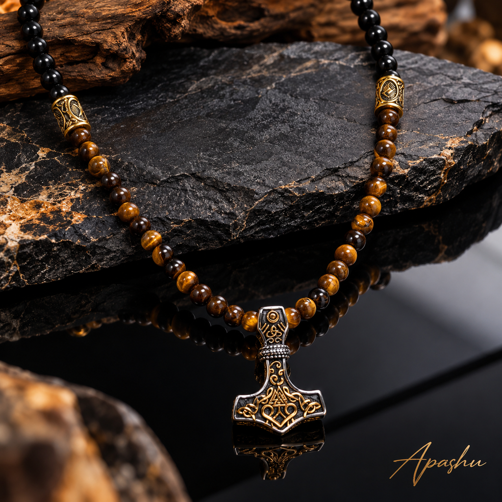 Men's Black Onyx & Tiger Eye Thor's Hammer Necklace – Viking Mjölnir Pendant | Handmade Natural Stone Jewellery