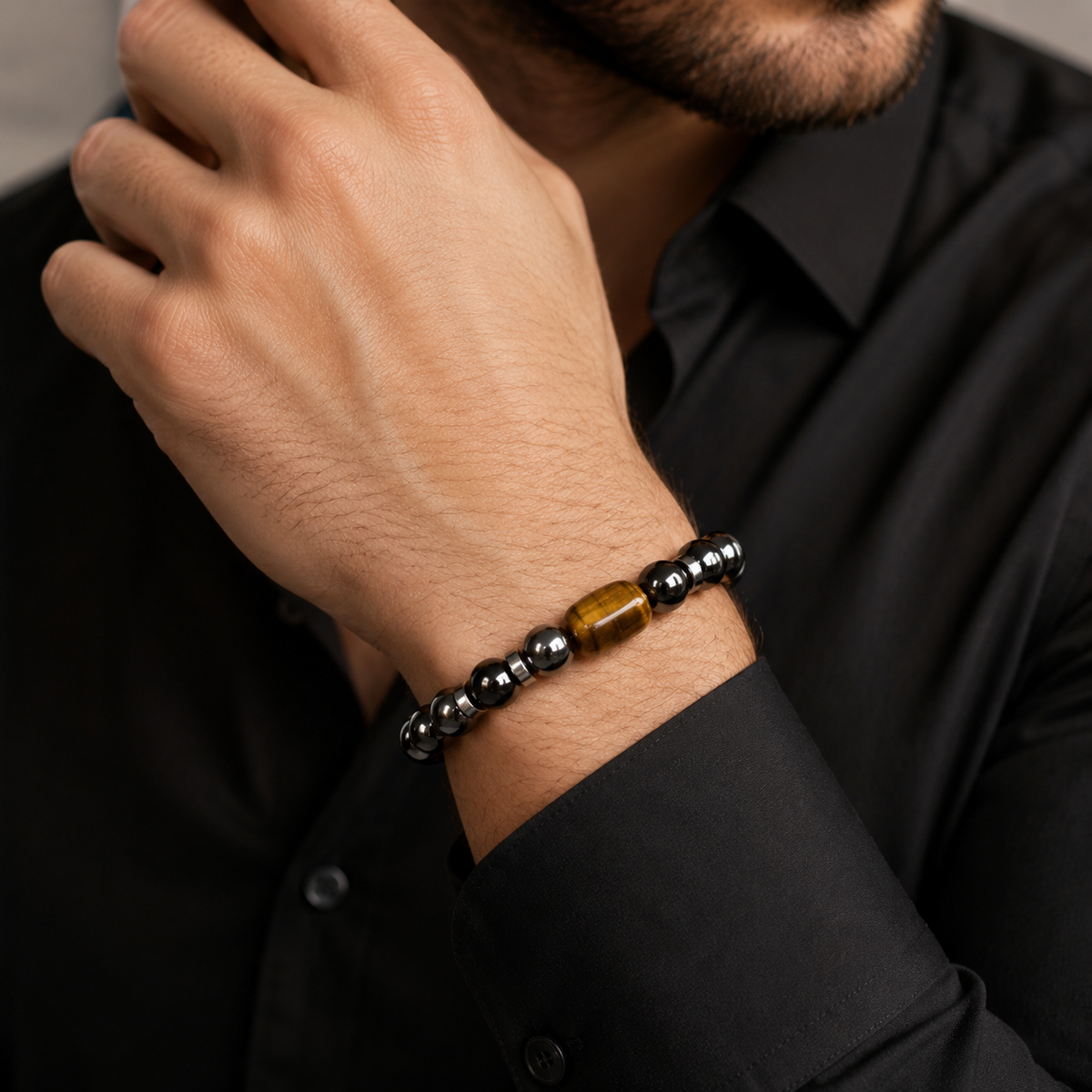 Men’s Black Onyx, Hematite & Tiger Eye Bracelet – Handmade Custom Size